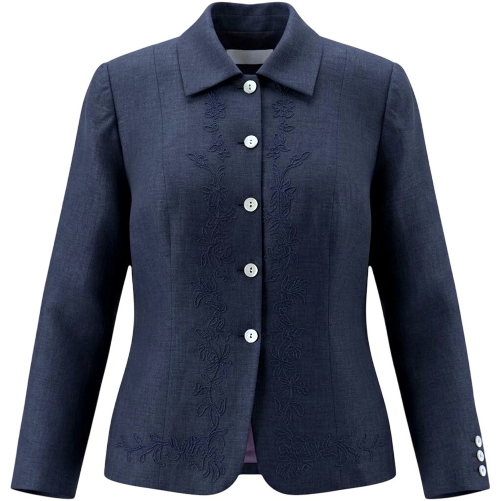 Valerie Stevens Linen Blazer Jacket Women 22W 2XL Embroidery Abalone Button Navy